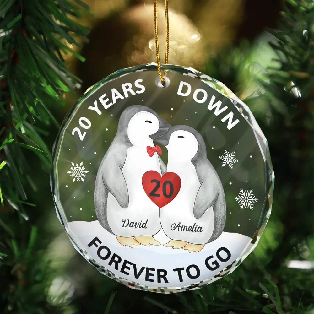 Christmas,Love,Gift For Couples,Gift For Husband,Gift For Wife,Gift For Boyfriend,Gift For Girlfriend,Anniversary - Forever To Go Penguin Couple - Personalized Circle Glass Ornament