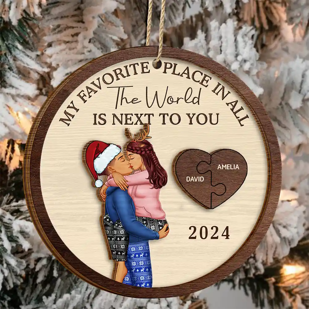 Gift For Couples - My Favorite Place In All The World Kissing Couples - Personalized 2-Layered Wooden Ornament