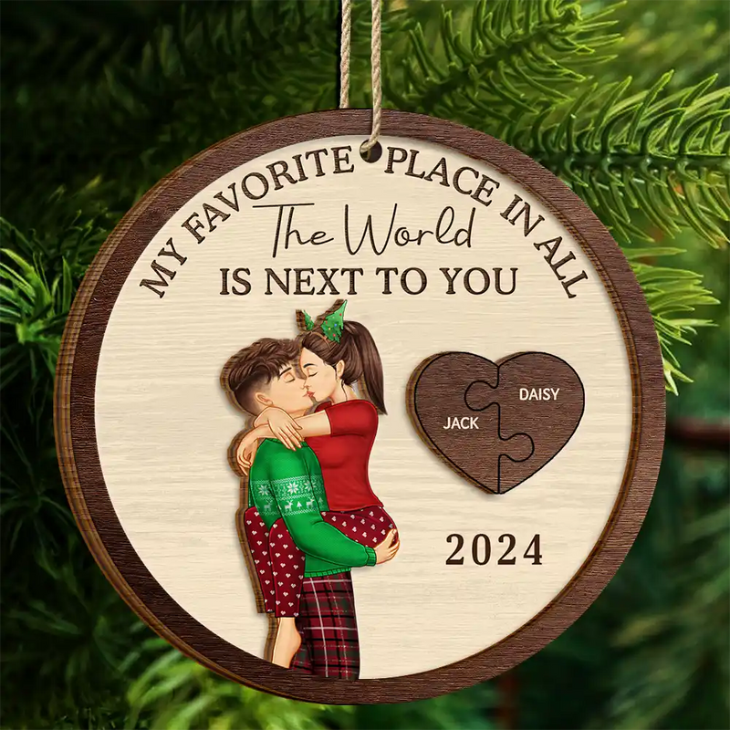Gift For Couples - My Favorite Place In All The World Kissing Couples - Personalized 2-Layered Wooden Ornament