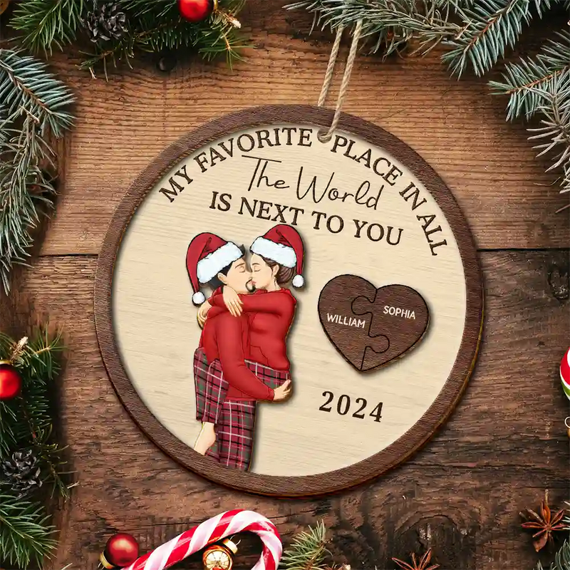 Gift For Couples - My Favorite Place In All The World Kissing Couples - Personalized 2-Layered Wooden Ornament