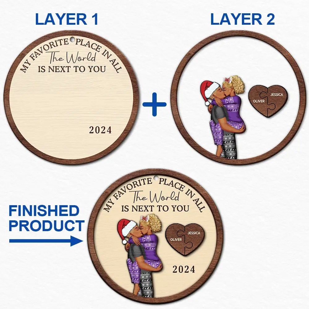 Gift For Couples - My Favorite Place In All The World Kissing Couples - Personalized 2-Layered Wooden Ornament