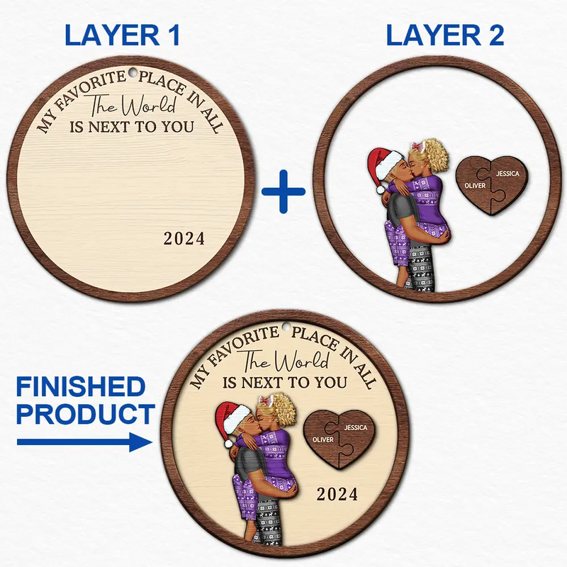 Gift For Couples - My Favorite Place In All The World Kissing Couples - Personalized 2-Layered Wooden Ornament