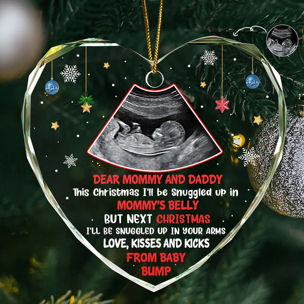 Christmas,Happy,New baby,New Dad,New Mom,Parents - Custom Photo This Christmas I'll Be Snuggled Up Newborn Baby - Personalized Heart Shaped Glass Ornament