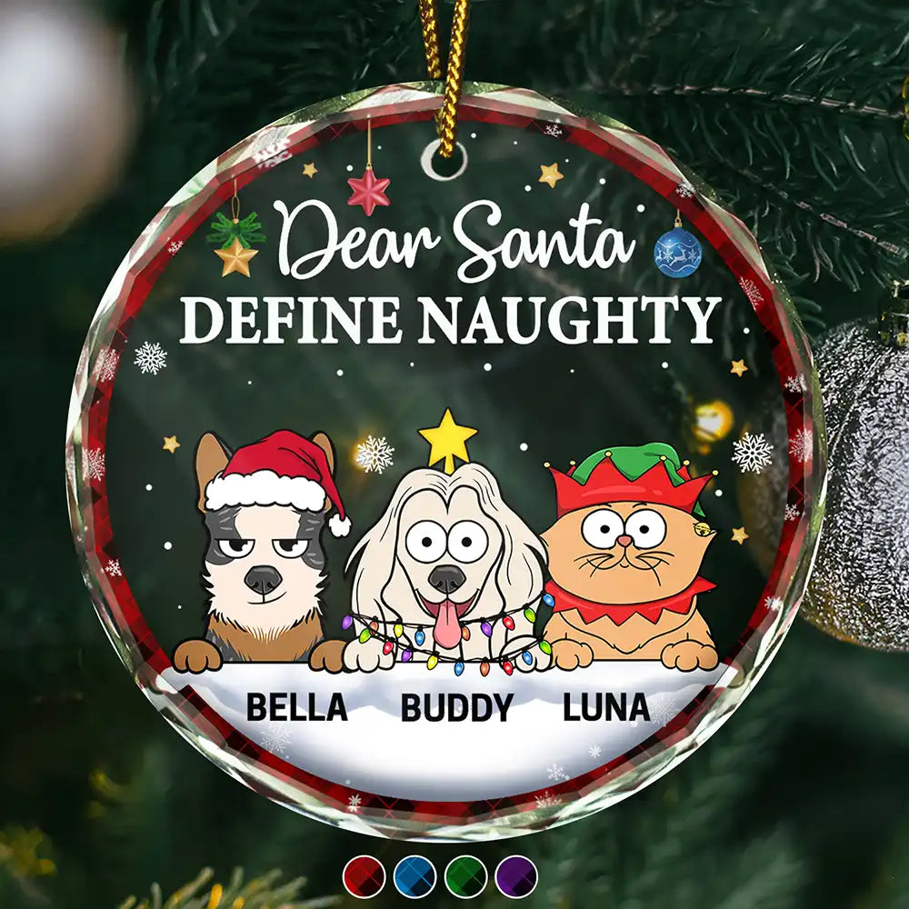 Dear Santa Define Naughty Christmas Dog Cat - Personalized Circle Glass Ornament