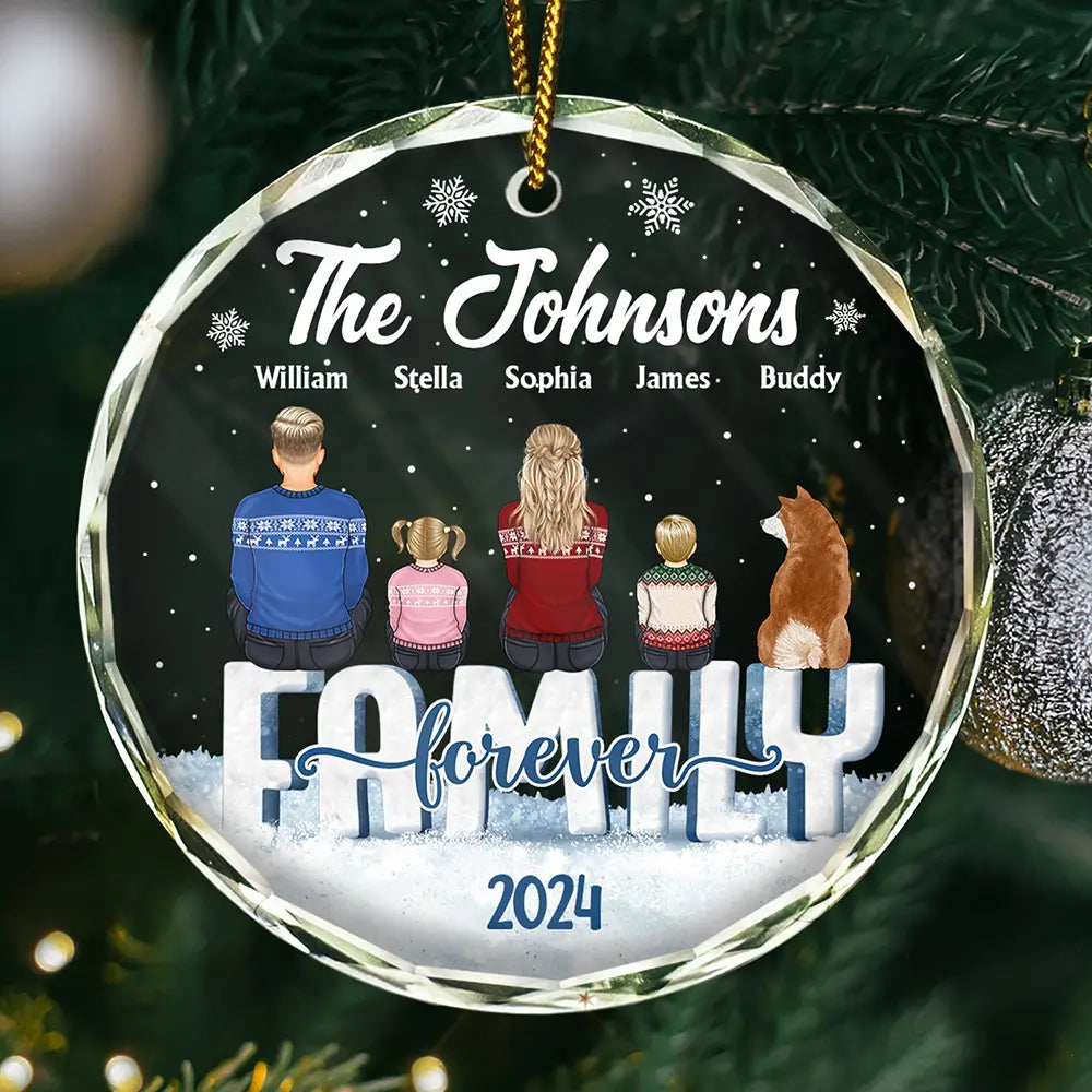 Christmas Family Dog Cat - Personalized Circle Glass Ornament