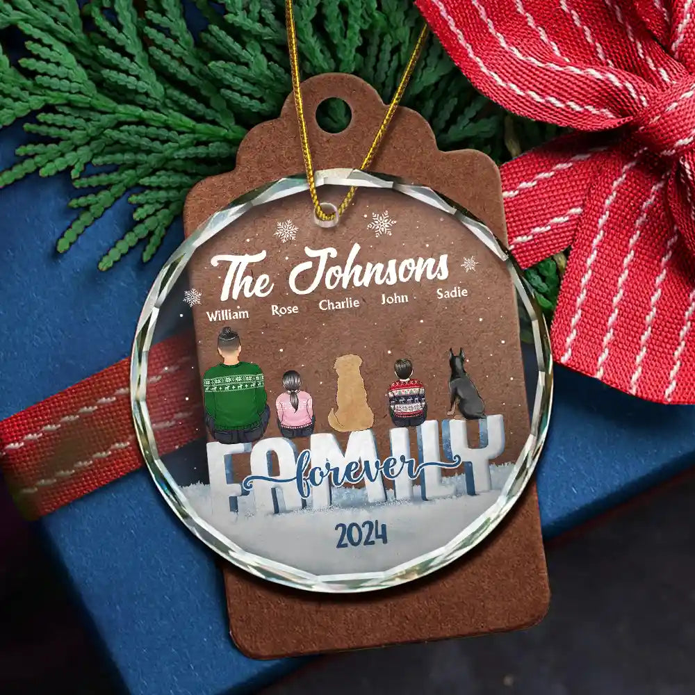 Family, Pet Lovers - Christmas Family Dog Cat - Personalized Circle Glass Ornament