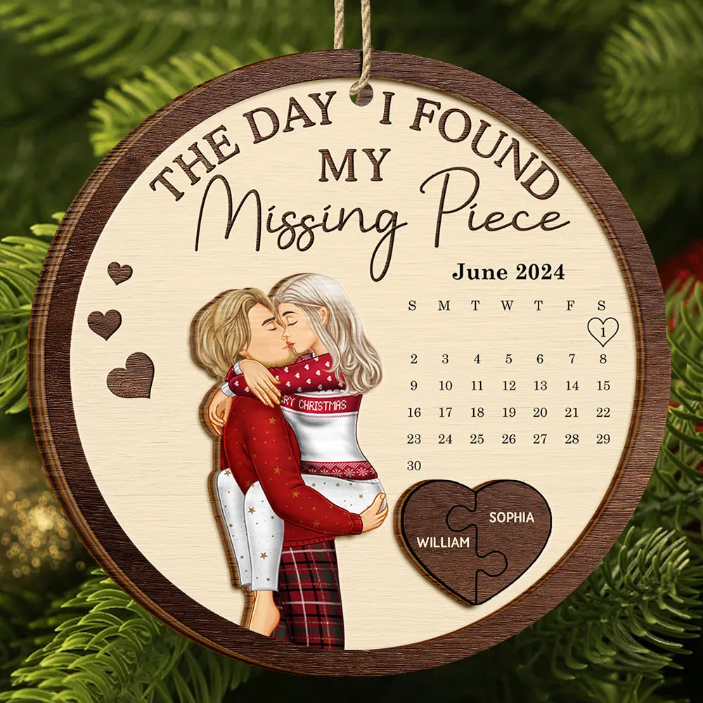The Day I Found My Missing Piece Kissing Couples Calendar - Personalized 2-Layered Wooden Ornament