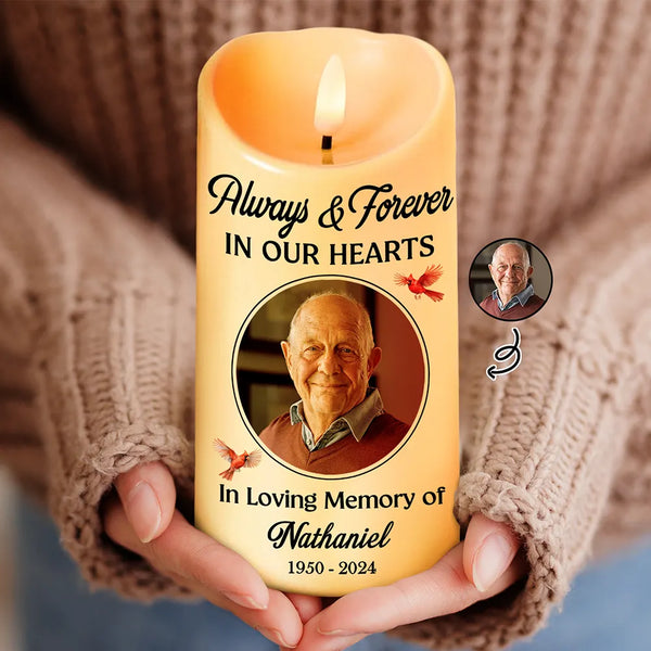 Family, Parents, Gift For Grandparents, Gift For Sibling, Memorial - Custom Photo Always And Forever In Our Heart Memorial - Personalized Flameless LED Candle