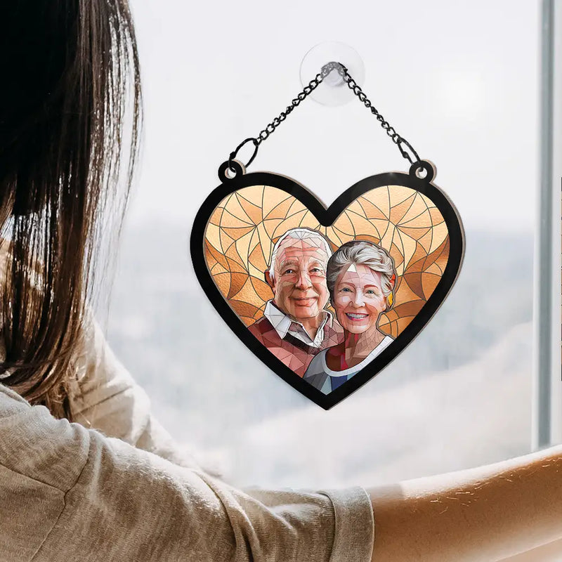 Gift For Couples, Parents, Gift For Husband, Gift For Wife, Gift For Boyfriend, Gift For Girlfriend, Family, Dog Lovers, Cat Lovers, Pet Lovers - Custom Photo Portrait Couple Family - Personalized Window Hanging Suncatcher Ornament