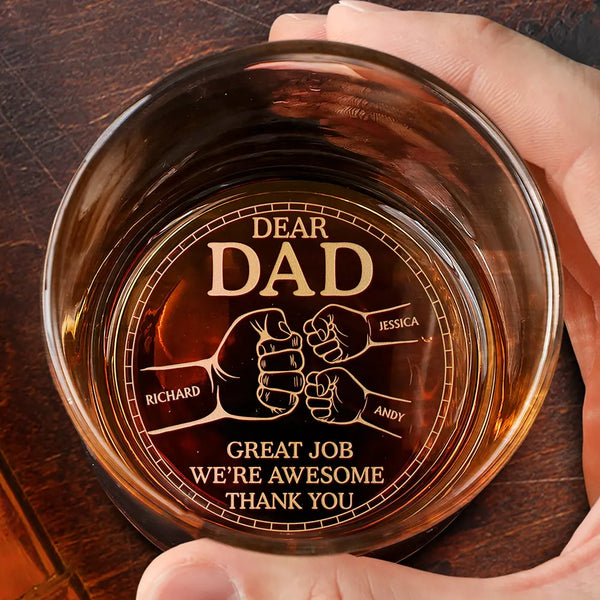 Gift For Father,Dad - Children,Gift For Husband,Funny - Dear Dad Great Job We're Awesome Thank You Pet And Children Hand Punch - Personalized Engraved Whiskey Glass