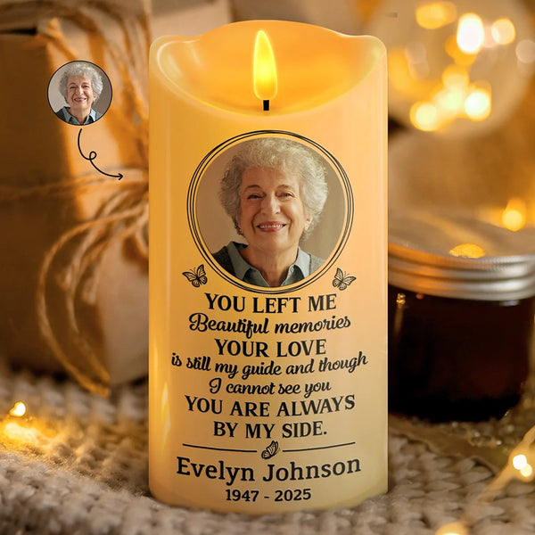 Sad,Memorial,Family,Gift For Grandparents,Parents,Gift For Sibling - Custom Photo You Left Me Beautiful Memories Memorial - Personalized Flameless LED Candle