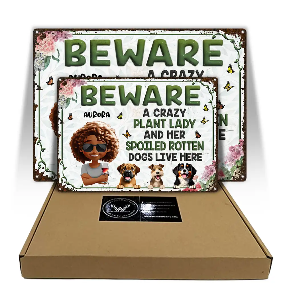 Funny,Gift For Women,Gift For Yourself,Dog Lovers,Dog Mom,Pet Lovers,Gardening,Gift For Wife,Mom's Hobby,Pet Mom,Gift For Mother - A Crazy Plant Lady & Her Spoiled Rotten Dogs Live Here Gardening - Personalized Classic Metal Signs
