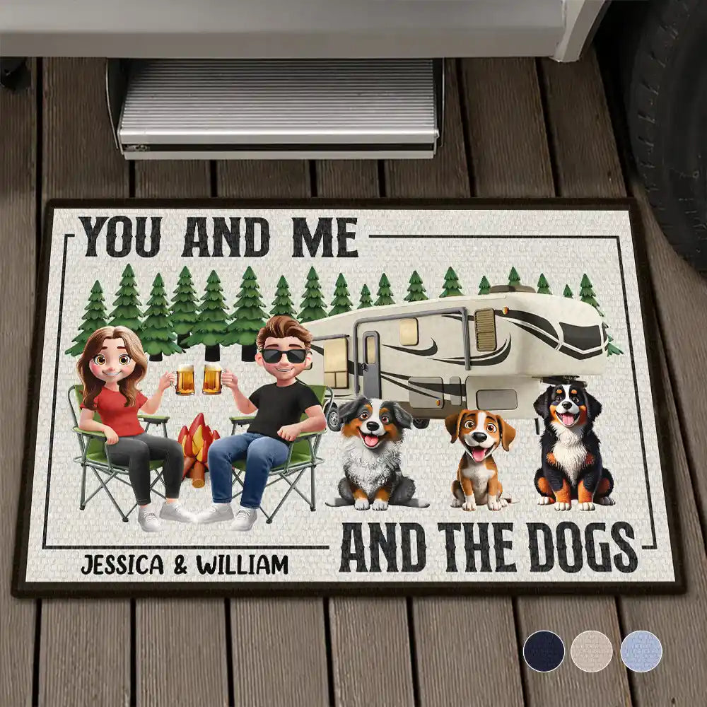 You And Me And The Dogs Camping Cartoon - Personalized Doormat