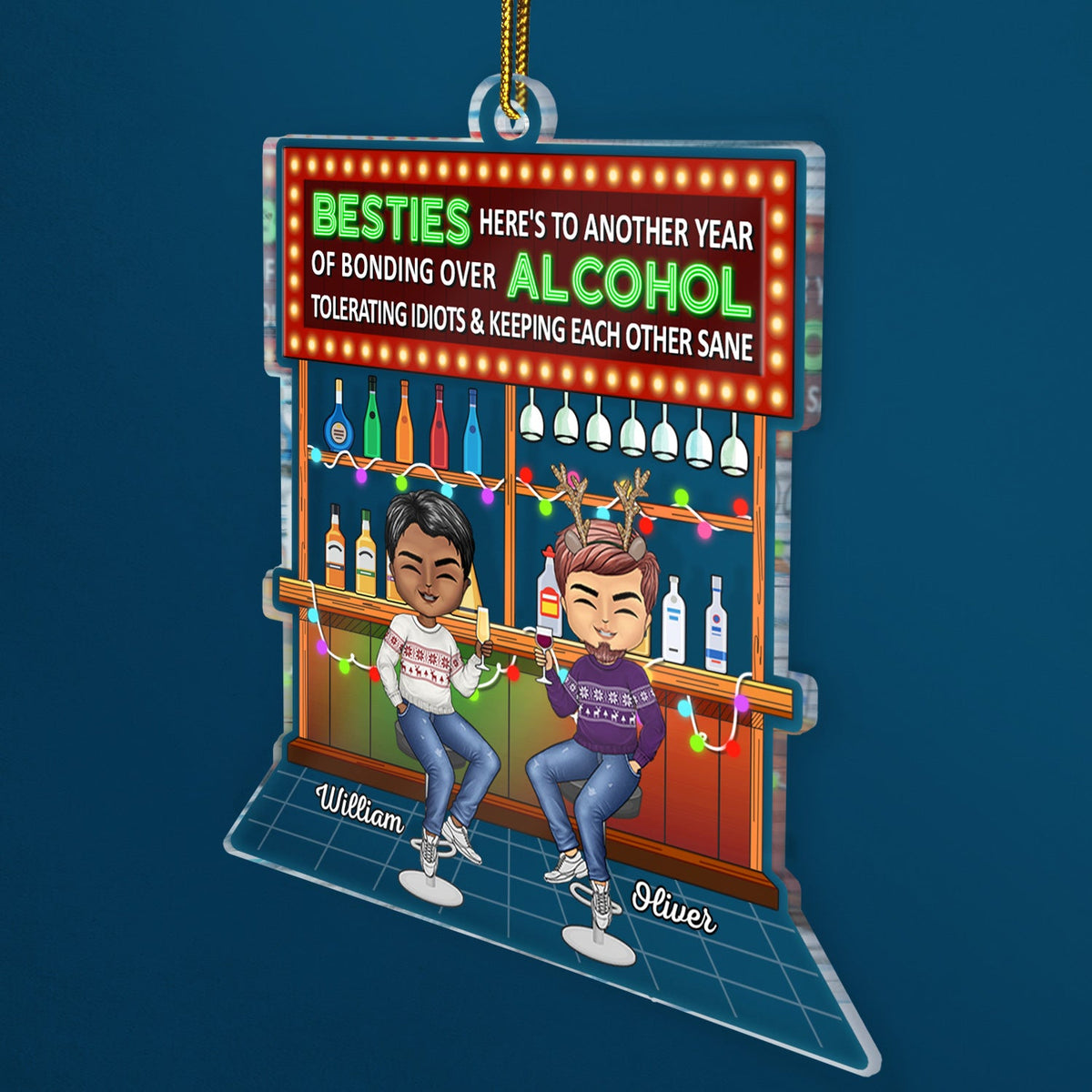 Here's To Another Year Of Bonding Over Alcohol Party Chibi - Christmas Gifts For Besties, Friends - Personalized Cutout Acrylic Ornament