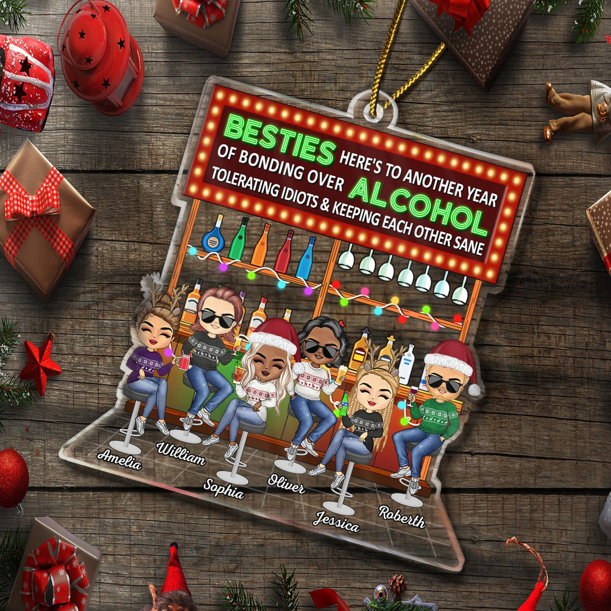 Here's To Another Year Of Bonding Over Alcohol Party Chibi - Christmas Gifts For Besties, Friends - Personalized Cutout Acrylic Ornament
