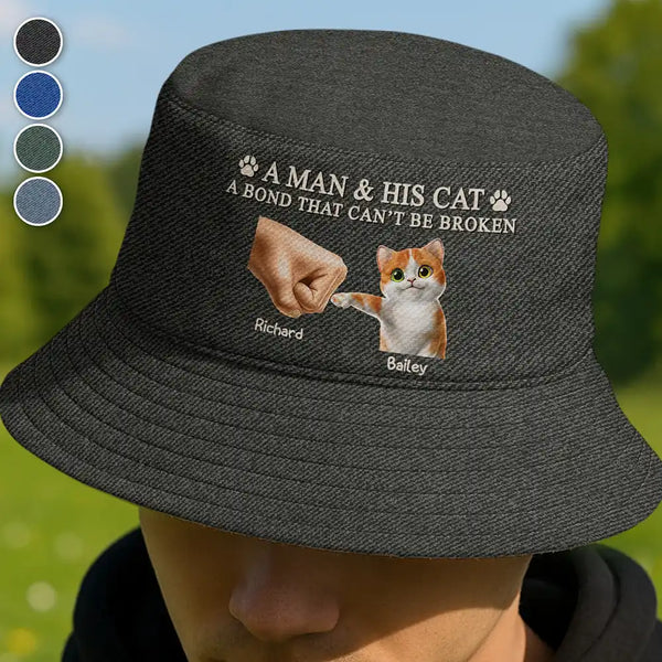 Pet Lovers, Pet Dad, Cat Lovers, Cat Dad, Happy - A Man And His Cat - Personalized Bucket Hat