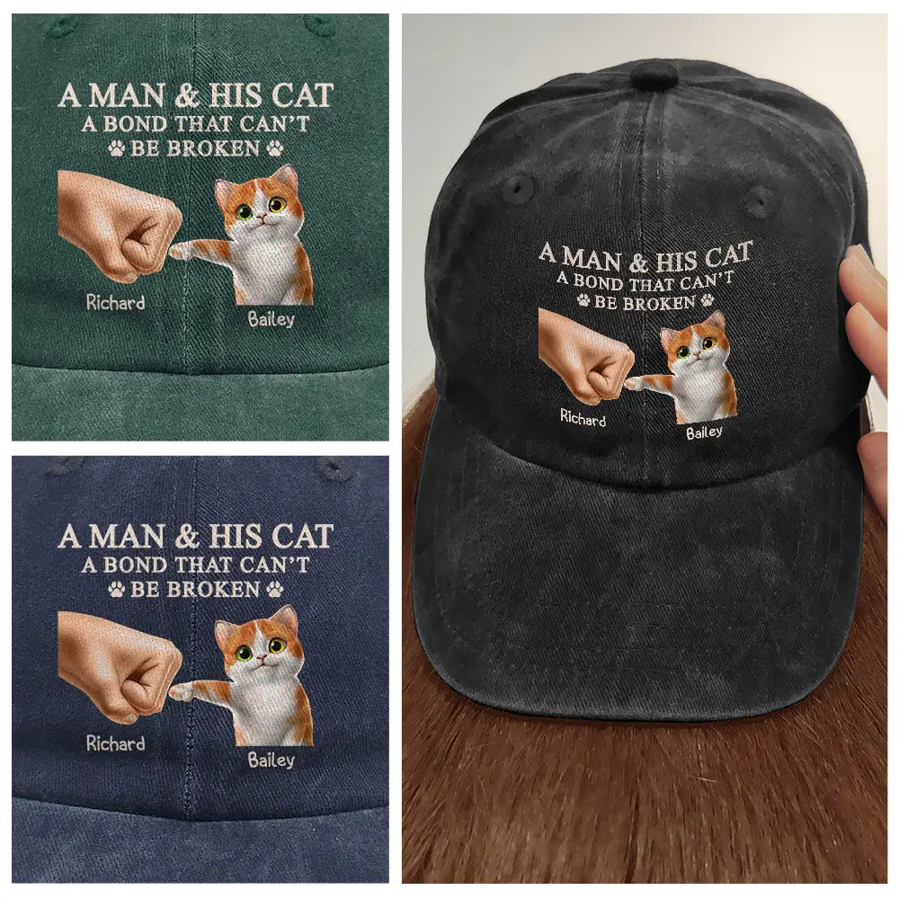 Cat Lovers,Cat Dad,Pet Lovers,Pet Dad - A Man And His Cat - Personalized Vintage Washed Denim Cap