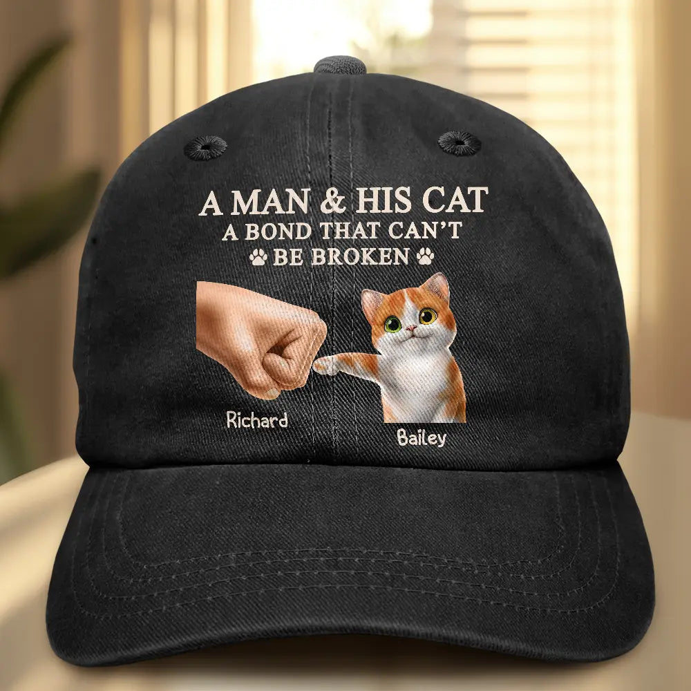 Cat Lovers,Cat Dad,Pet Lovers,Pet Dad - A Man And His Cat - Personalized Vintage Washed Denim Cap