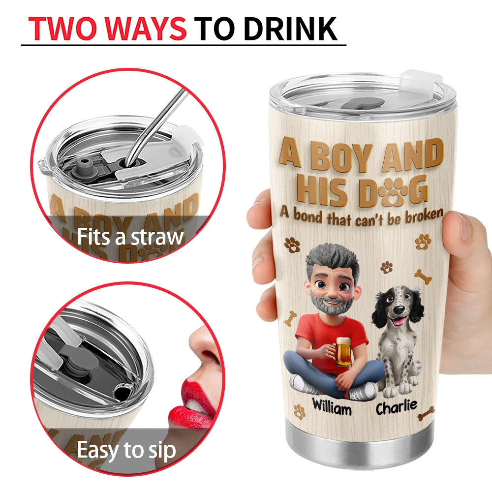 Pet Lovers,Pet Dad,Dog Lovers,Dog Dad,Happy - A Man And His Dog Wooden 3D Effect - Personalized Tumbler