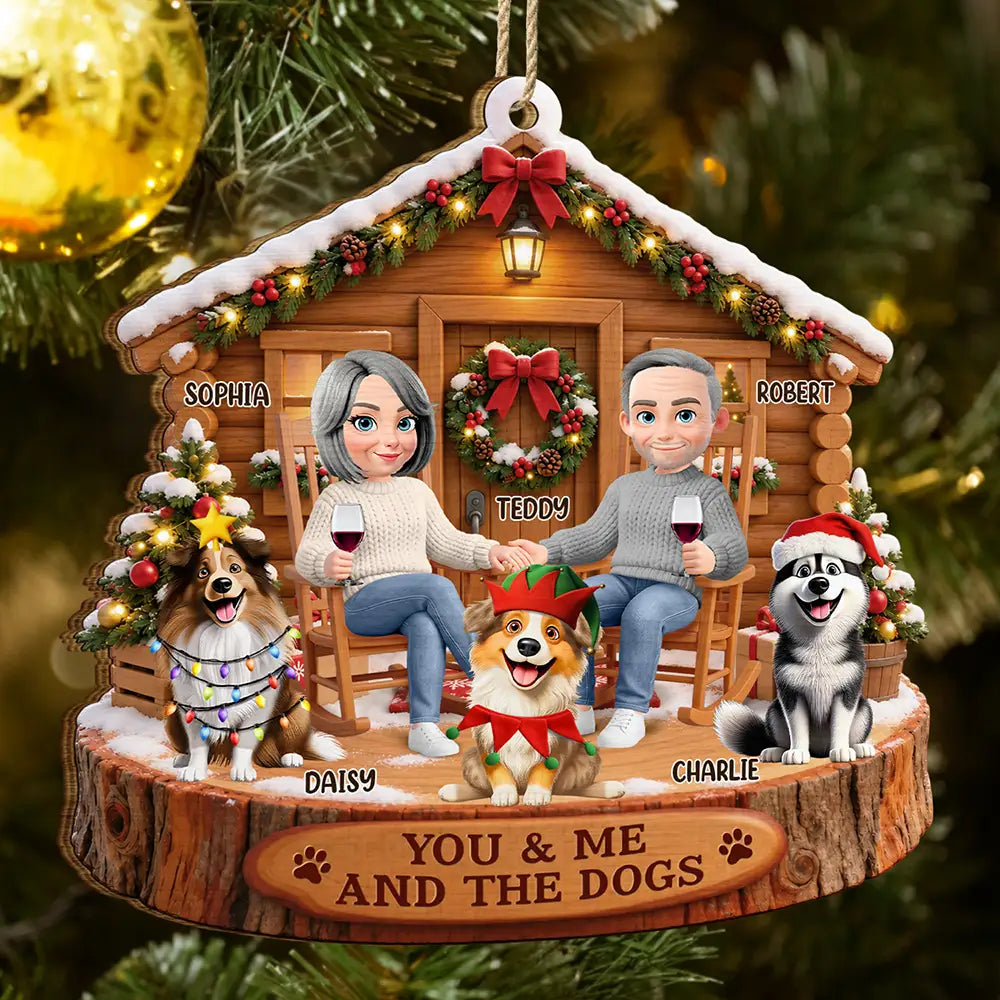 Christmas,Dog Couple,Dog Lovers,Gift For Couples,Happy,Pet Lovers,Vector - Christmas Gift For Pet Couples - Personalized You & Me And The Dogs Wooden Ornament