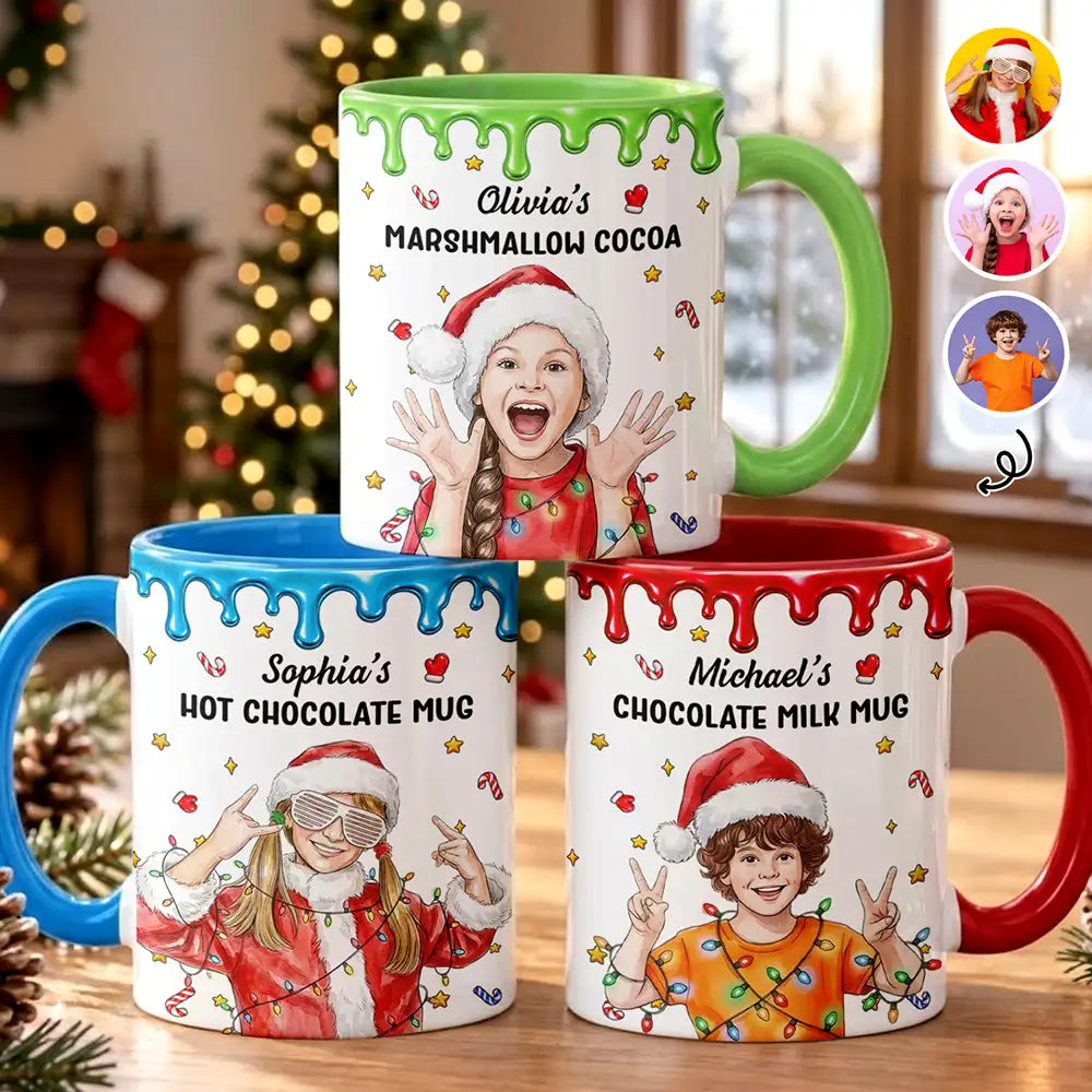 Christmas Gift For Kids - Personalized Custom Photo Watercolor Name & Favorite Drink Hot Chocolate Accent Mug