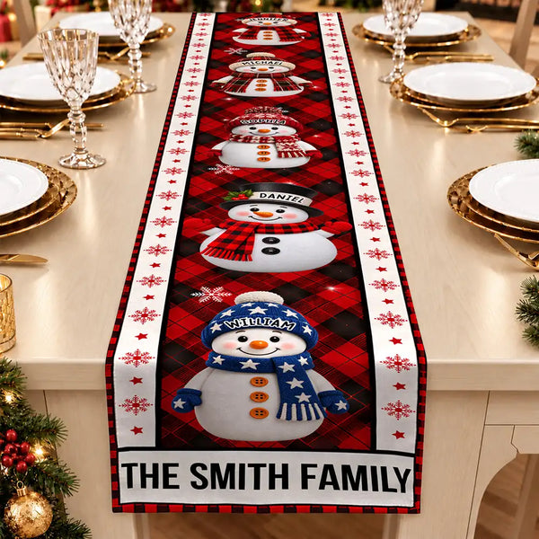 Christmas,Cozy,Family,Icon,Top Market - Christmas Decor Gift For Family Mom Grandma - Personalized Family Name And Names Buffalo Plaid Snowmen Table Runner