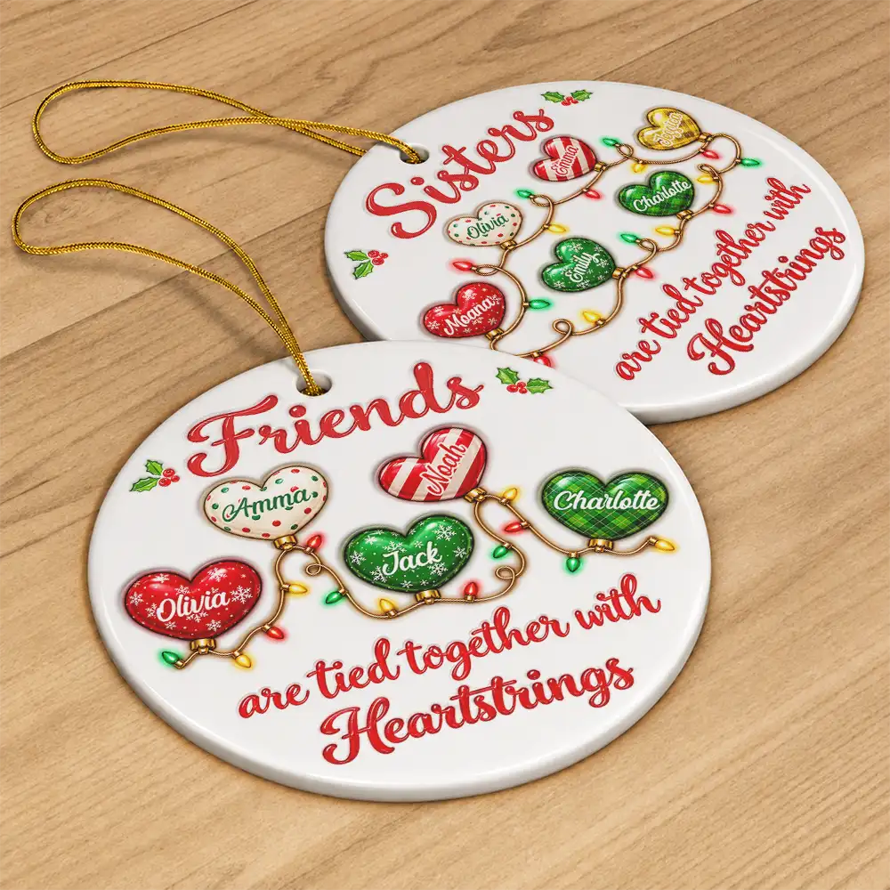 Afro Besties,Christmas,Gift For Bestie,Icon,Sentimental,Top Market - Christmas Gift For Best Friends - Personalized Names Friends Are Tied Together With Heartstrings Circle Ceramic Ornament