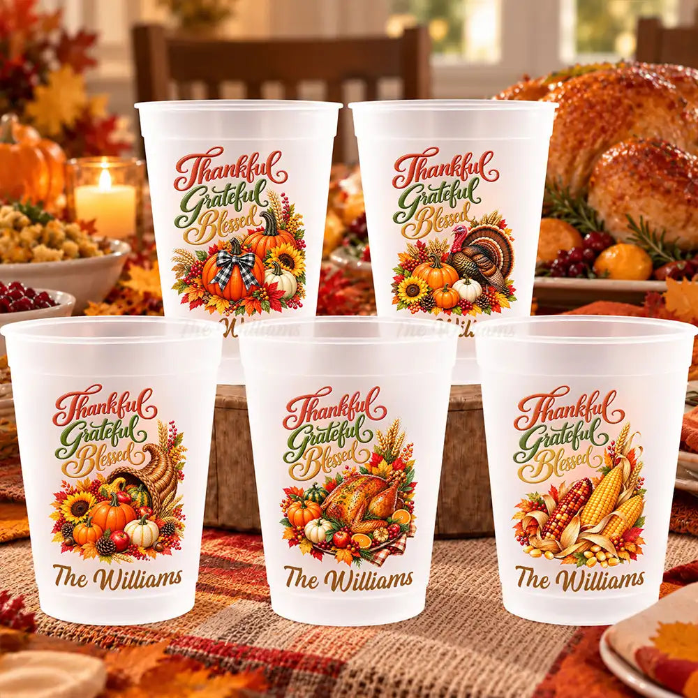 Family,Happy,Icon,Thanksgiving,Top Market - Thanksgiving Party Cups For Family Gathering - Personalized Thankful Grateful Blessed Turkey Pumpkin Frosted Cups