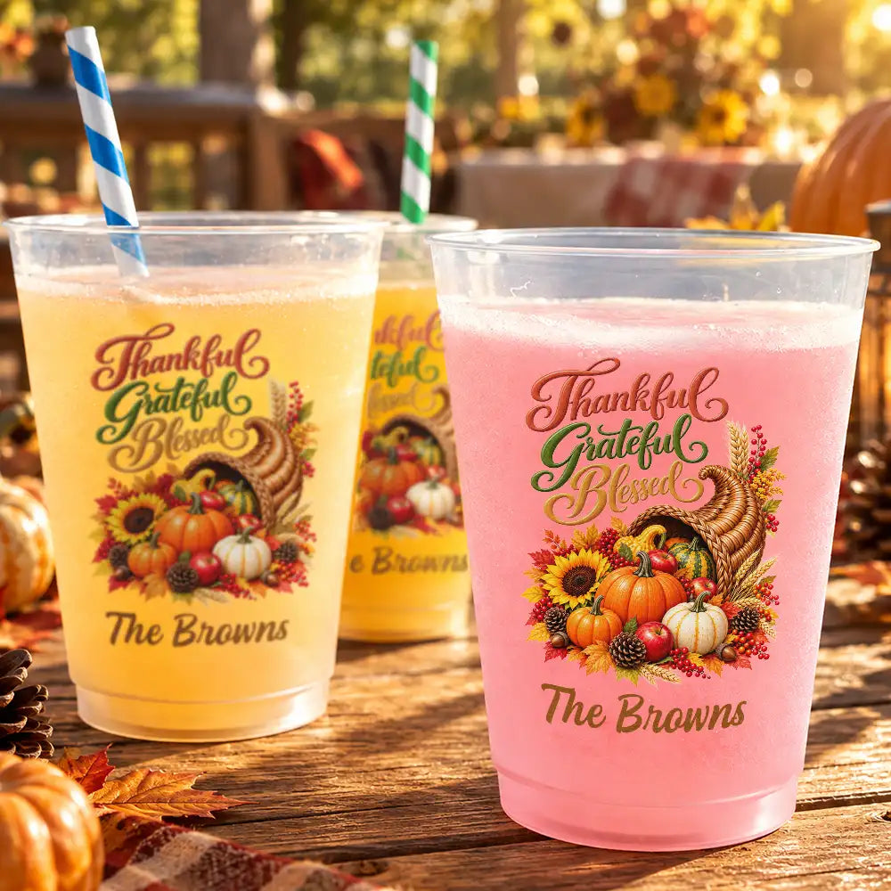 Family,Happy,Icon,Thanksgiving,Top Market - Thanksgiving Party Cups For Family Gathering - Personalized Thankful Grateful Blessed Turkey Pumpkin Frosted Cups