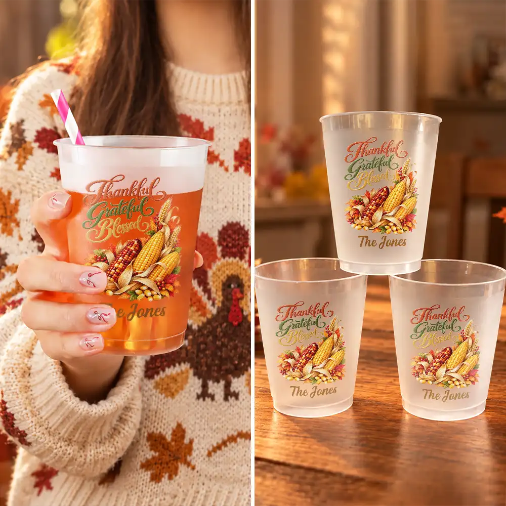 Family,Happy,Icon,Thanksgiving,Top Market - Thanksgiving Party Cups For Family Gathering - Personalized Thankful Grateful Blessed Turkey Pumpkin Frosted Cups