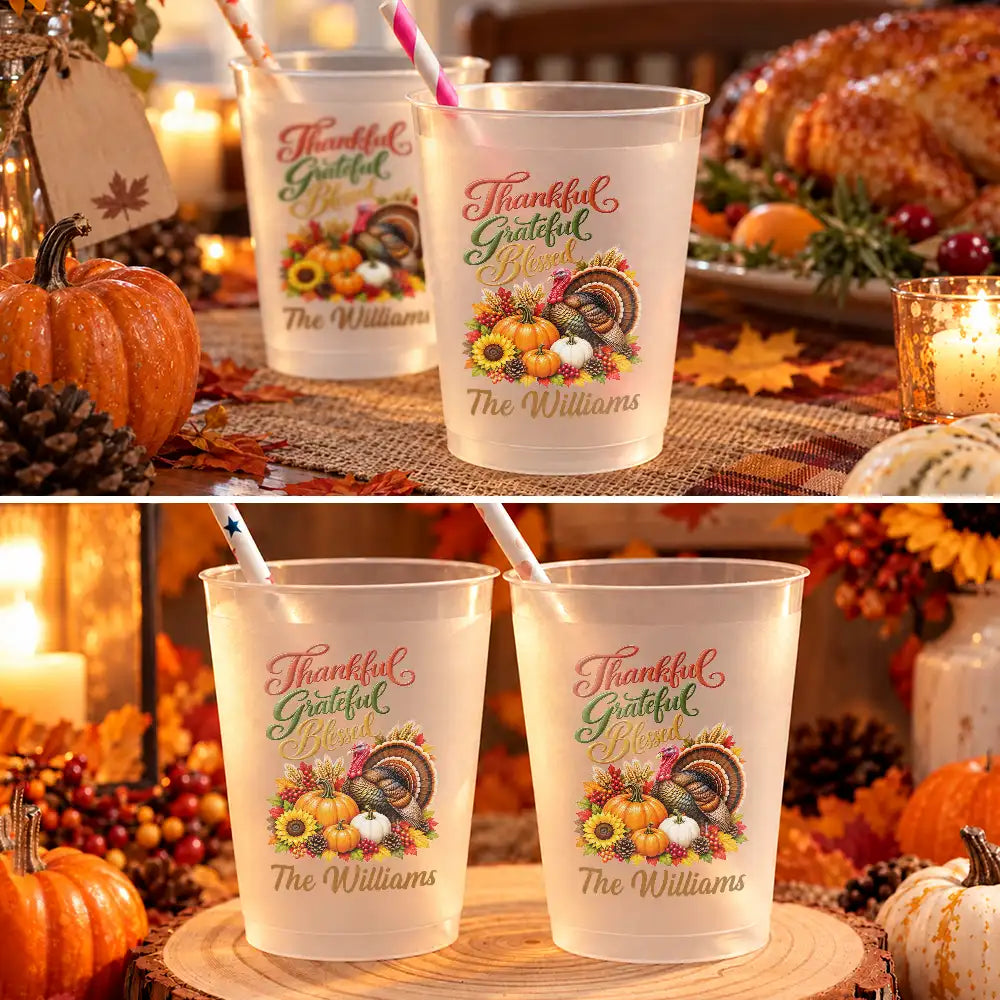 Family,Happy,Icon,Thanksgiving,Top Market - Thanksgiving Party Cups For Family Gathering - Personalized Thankful Grateful Blessed Turkey Pumpkin Frosted Cups