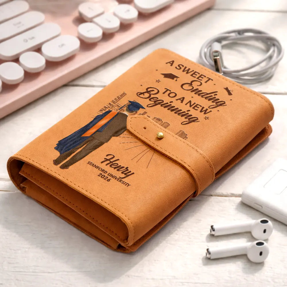 Graduation,Gift For Daughter,Gift For Son,Happy - A Sweet Ending To A New Beginning - Personalized Leather Cable Bag