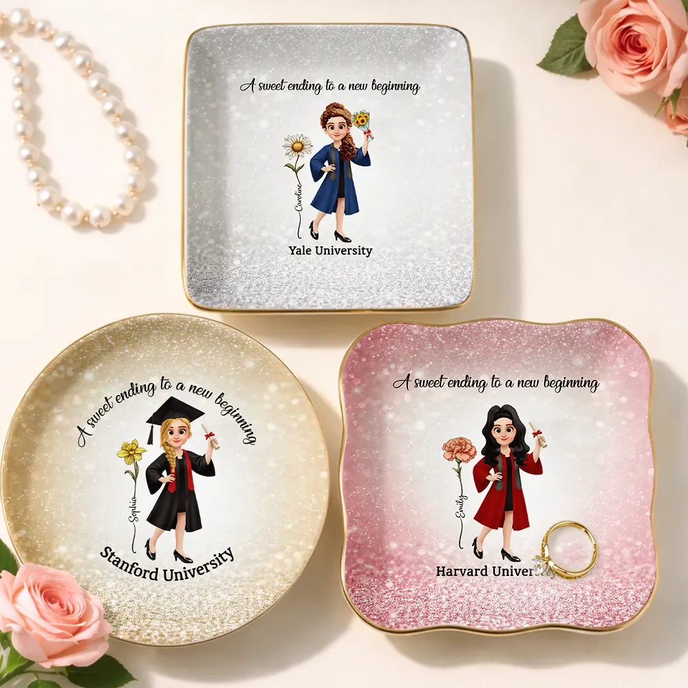 Graduation, Gift For Bestie, Gift For Yourself, Gift For Girlfriend, Happy - A Sweet Ending To A New Beginning - Personalized Ring Dish