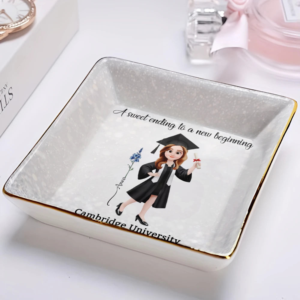 Graduation, Gift For Bestie, Gift For Yourself, Gift For Girlfriend, Happy - A Sweet Ending To A New Beginning - Personalized Ring Dish