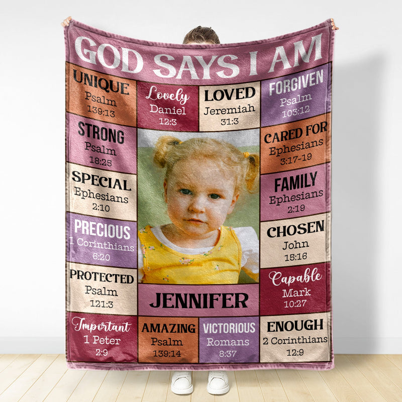Custom Photo God Says I Am - Gift For Kids, Grandkids - Personalized Fleece Blanket, Sherpa Blanket