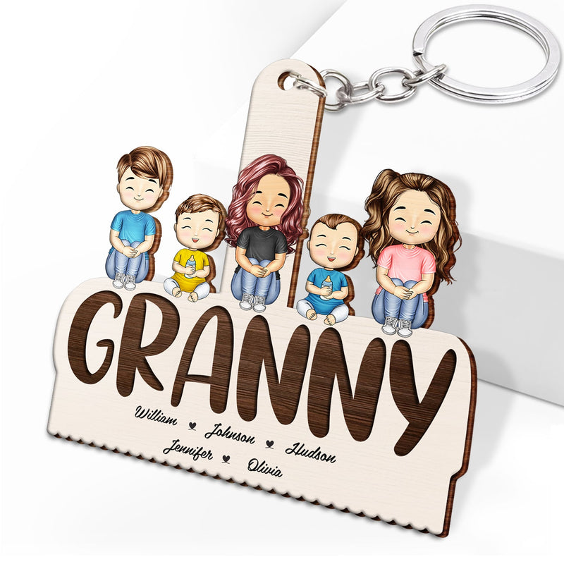 Grandma Mom Grandkids Kids Sitting - Gift For Mother, Grandmother - Personalized Cutout Wooden Keychain