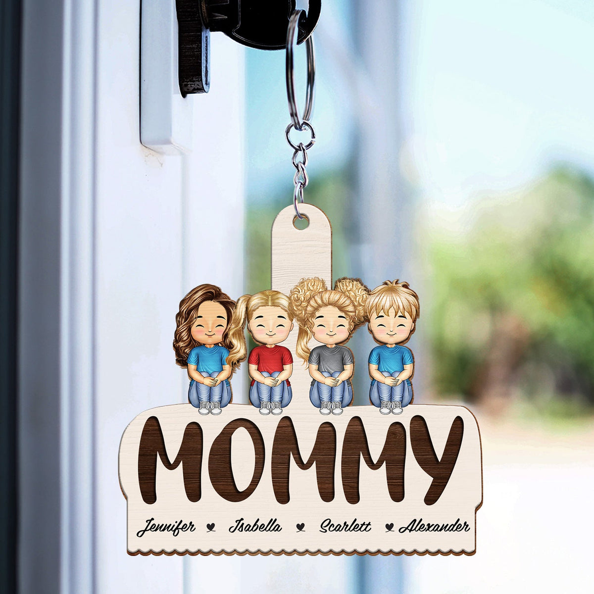 Grandma Mom Grandkids Kids Sitting - Gift For Mother, Grandmother - Personalized Cutout Wooden Keychain