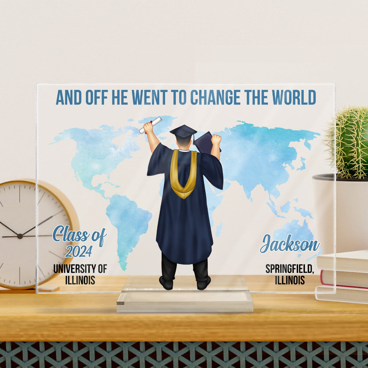 And Off She Went To Change The World - Graduation Gift, Gift For Friends - Personalized Horizontal Rectangle Acrylic Plaque
