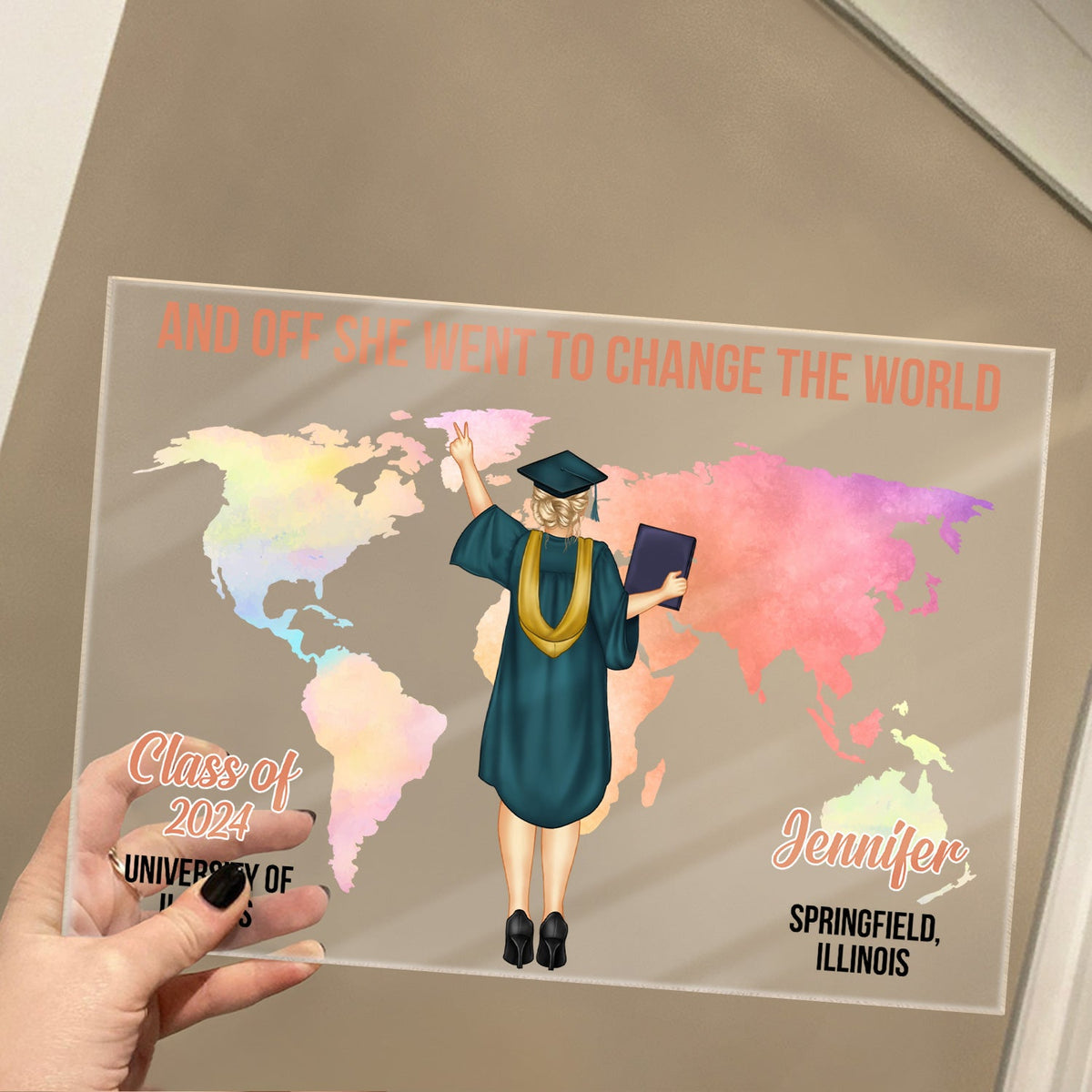 And Off She Went To Change The World - Graduation Gift, Gift For Friends - Personalized Horizontal Rectangle Acrylic Plaque
