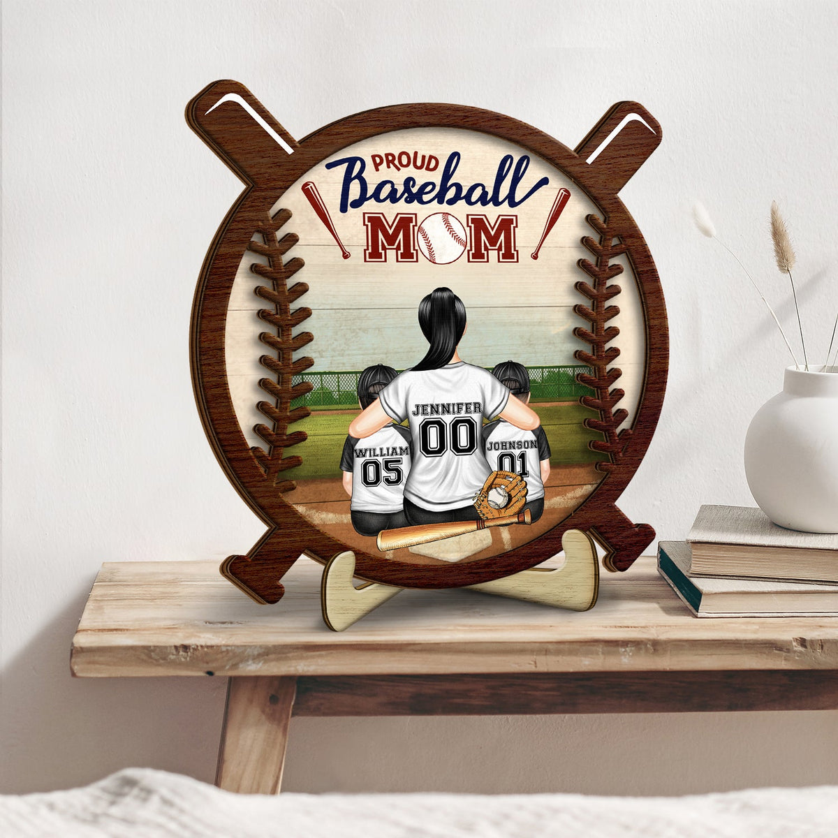 Proud Baseball Mom - Gift For Baseball Mother - Personalized 2-Layered Wooden Plaque With Stand