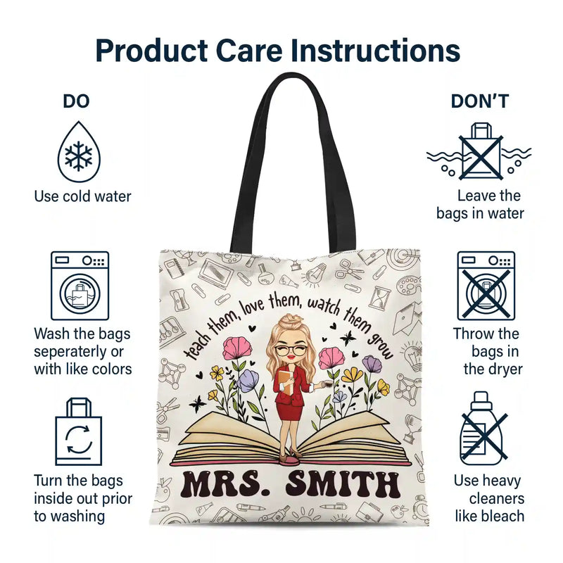 Teach Them Love Them Watch Them Grow Teacher - Personalized Zippered Canvas Bag
