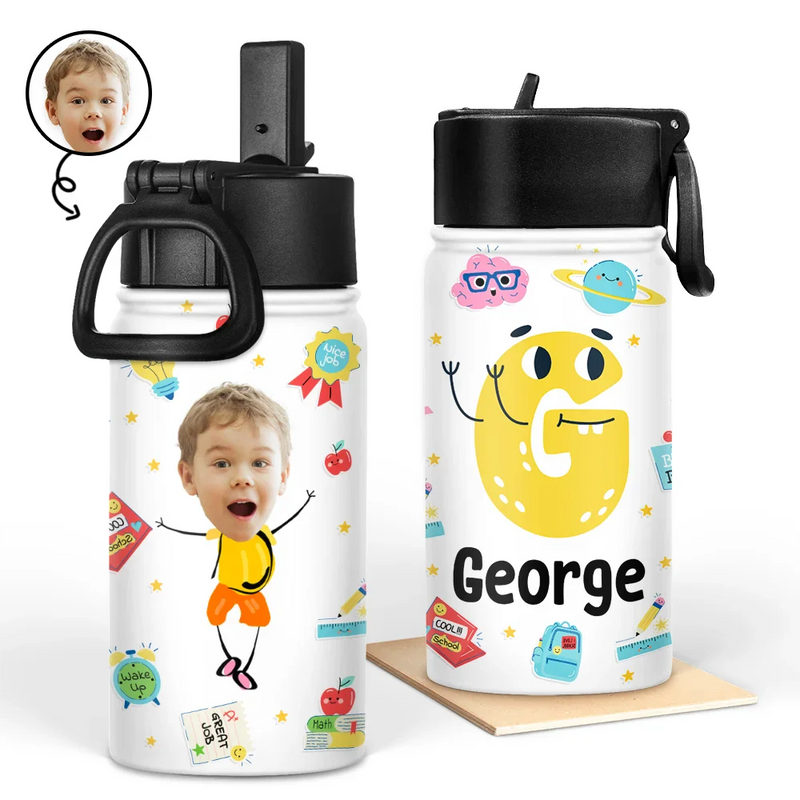 Custom Photo Letter School Kid - Personalized Kids Water Bottle