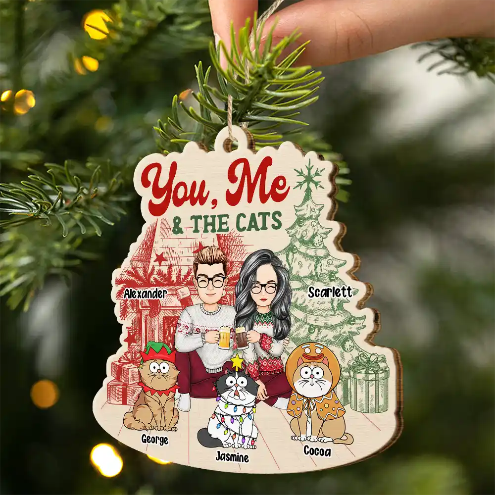 You, Me And The Cats - Personalized Custom Shaped Wooden Ornament