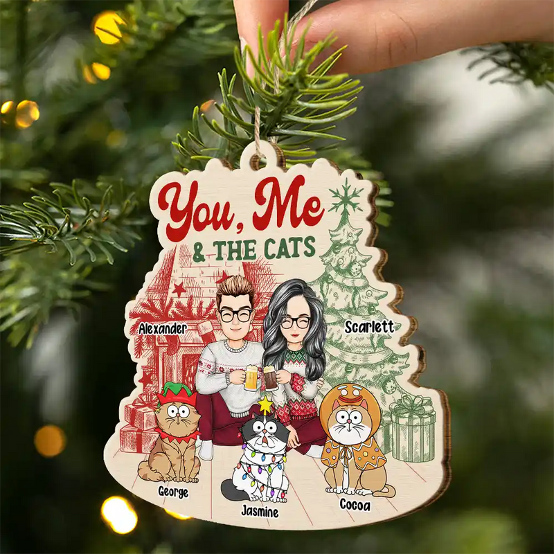 You, Me And The Cats - Personalized Custom Shaped Wooden Ornament