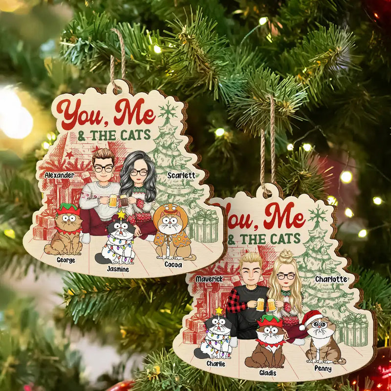 You, Me And The Cats - Personalized Custom Shaped Wooden Ornament