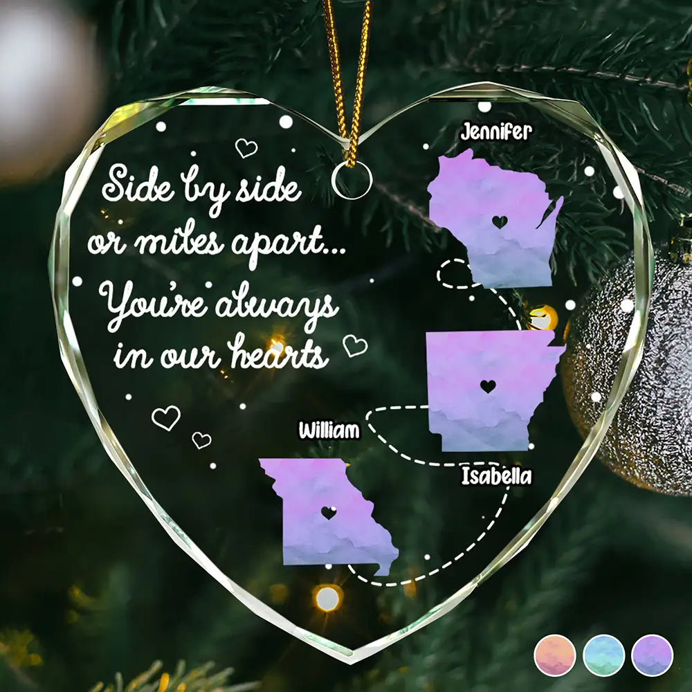 Side By Side Or Miles Apart Long Distance - Personalized Heart Shaped Glass Ornament