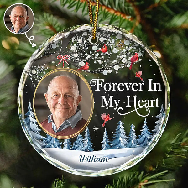 Memorial - Custom Photo Forever In My Heart Cardinal - Personalized Circle Glass Ornament