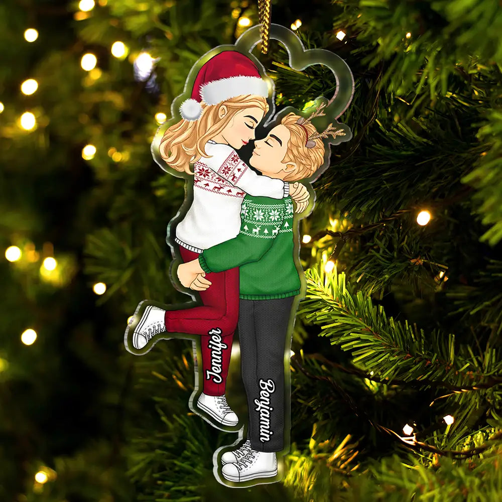 Cartoon Kissing Couple Christmas - Personalized Cutout Acrylic Ornament