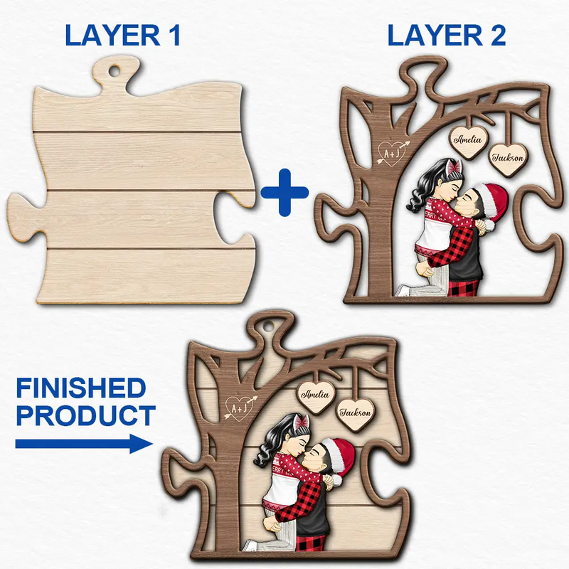 Gift For Couples - Christmas Couples Kissing Under The Tree - Personalized 2-Layered Wooden Ornament