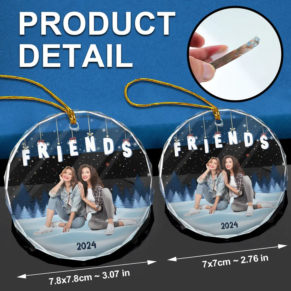 Christmas,Custom Photo,Family,Gift For Bestie,Gift For Sisters,Gift For Brothers,Gift For Sibling,Happy - Custom Photo Family Friends Besties Sisters Sitting Together - Personalized Circle Glass Ornament